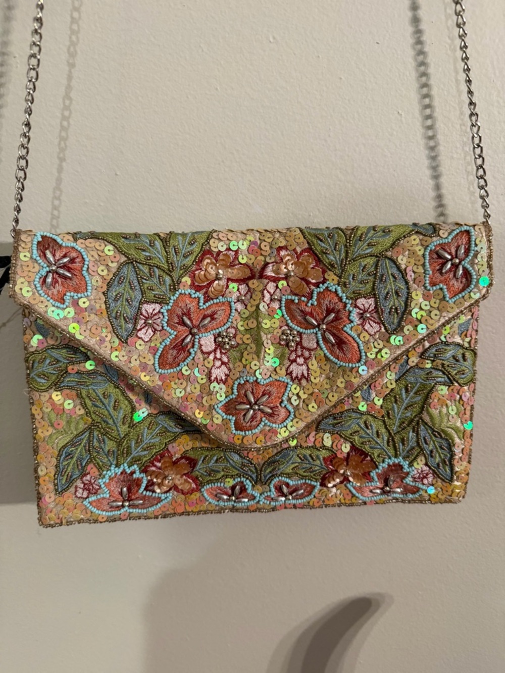 Embroidered Sequined Floral Envelope Clutch - Pink & Green